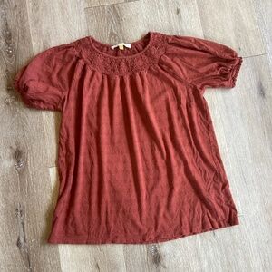 Down East Rust shirred  neck and puff sleeve shirt